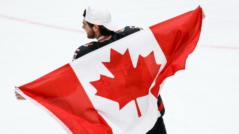 Canada defenceman Lukas Cormier celebrates defeating Finland to win the IIHF World Junior Hockey Championship gold medal game in Edmonton on Saturday August 20, 2022. (Jeff McIntosh/CP)