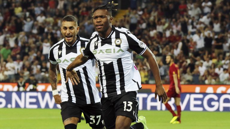 Udinese's Destiny Udogie celebrates after scoring to 1-0 during the Italian Serie A soccer match between Udinese and Roma, at Friuli stadium in Udine, Italy, Sunday Sept. 4, 2022. (Andrea Bressanutti/LaPresse via AP)