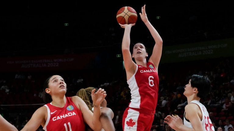 Canada's Bridget Carleton shoots during their game at the women's Basketball World Cup against Japan. (Mark Baker/AP)