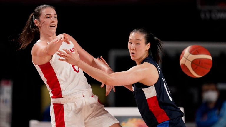 Canada's Bridget Carleton, seen here in a file photo in a game against South Korea at the Olympics in 2021, is still searching for a consistent shooting rhythm with the national team. (Charlie Neibergall/AP) 