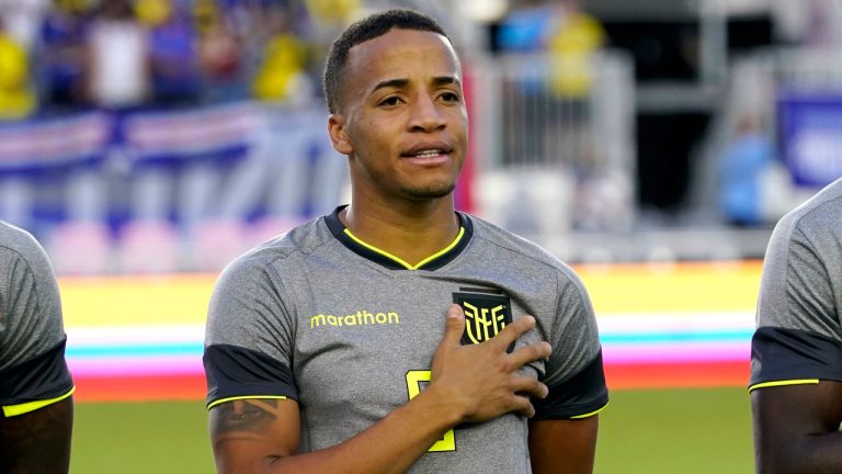 Ecuador's Byron Castillo stands for the national anthem before the team's international friendly soccer match against Cape Verde, Saturday, June 11, 2022, in Fort Lauderdale, Fla. (Lynne Sladky/AP)