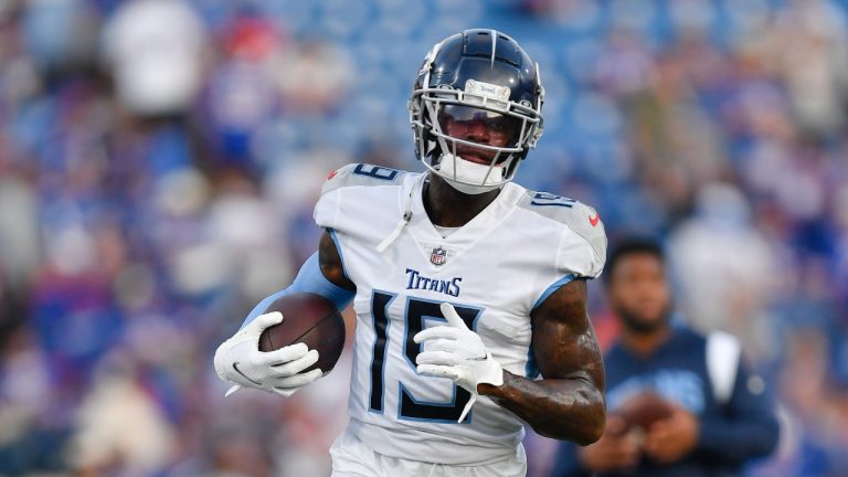 Tennessee Titans wide receiver Josh Gordon (19) warms up before an NFL football game against the Buffalo Bills, Monday, Sept. 19, 2022, in Orchard Park, N.Y. (Adrian Kraus/AP)