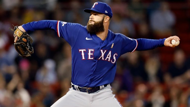 Texas Rangers' Dallas Keuchel pitches during the first inning of a baseball game against the Boston Red Sox, Friday, Sept. 2, 2022, in Boston. (Michael Dwyer/AP)