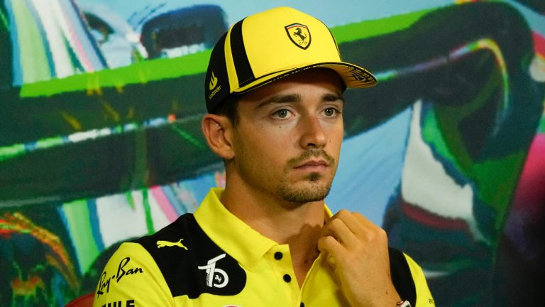 Ferrari driver Charles Leclerc of Monaco gestures during a news conference at the Monza racetrack, in Monza, Italy, Thursday, Sept. 8, 2022. The Formula one race will be held on Sunday. (Luca Bruno/AP) 