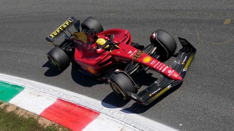 Ferrari driver Charles Leclerc of Monaco steers his car during the third free practice at the Monza racetrack, in Monza, Italy, Saturday, Sept. 10, 2022. The Formula one race will be held on Sunday. (Antonio Calanni/AP)