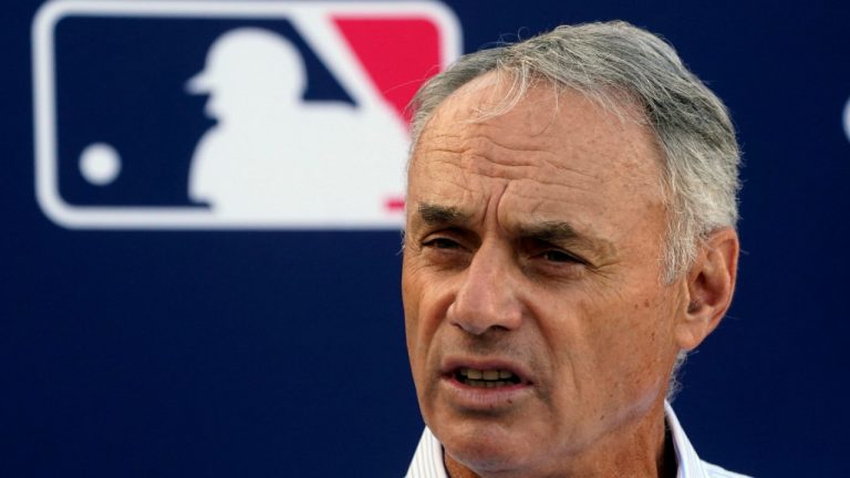 Major League Baseball Commissioner Rob Manfred speaks during a news conference after negotiations with the players' association toward a labor deal, Tuesday, March 1, 2022, at Roger Dean Stadium in Jupiter, Fla. (Wilfredo Lee/AP)