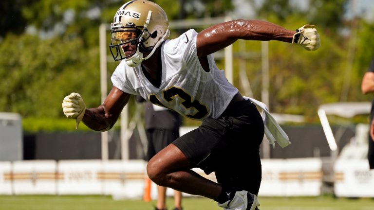 New Orleans Saints wide receiver Michael Thomas (13) runs a route during the NFL football team's training camp in Metairie, La., Wednesday, July 27, 2022. (Gerald Herbert/AP)