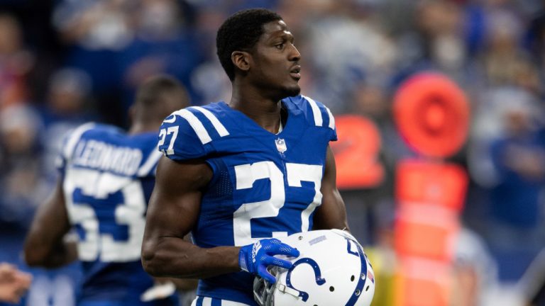 Indianapolis Colts cornerback Xavier Rhodes (27) walks to the sideline during an NFL football game against the New England Patriots on Dec. 18, 2021, in Indianapolis. The Buffalo Bills reinforced their injury-thinned secondary by signing Rhodes to the practice squad on Wednesday, Sept. 28, 2022. ((Zach Bolinger/AP)