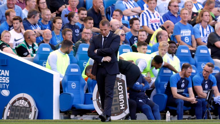 Leicester City manager Brendan Rodgers on the touchline during the English Premier League soccer match between Brighton & Hove Albion and Leicester City at The Amex Stadium, Brighton, England, Sunday, Sept. 4, 2022. (Steven Paston/PA via AP)