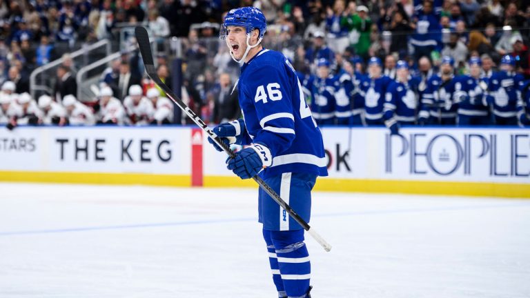 Toronto Maple Leafs centre Alex Steeves (46) celebrates after scoring during second period NHL pre-season action against the Ottawa Senators. (Christopher Katsarov/CP)