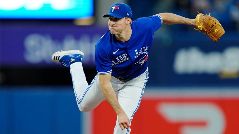 Toronto Blue Jays starting pitcher Ross Stripling (48) throws against the Tampa Bay Rays during first inning MLB action in Toronto, Wednesday, Sept. 14, 2022. (Frank Gunn/CP)