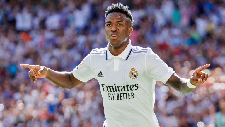 Real Madrid's Vinicius Junior celebrates after scoring the opening goal during a Spanish La Liga soccer match between Real Madrid and Betis at the Santiago Bernabeu stadium in Madrid, Spain, Saturday, Sept. 3, 2022. (Pablo Garcia/AP)