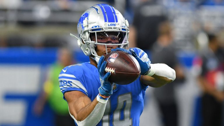 Detroit Lions wide receiver Amon-Ra St. Brown catches a ball before an NFL football game against the Philadelphia Eagles in Detroit, Sunday, Sept. 11, 2022. (Lon Horwedel/AP)
