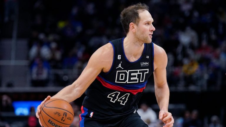 Detroit Pistons forward Bojan Bogdanovic controls the ball during the second half of an NBA basketball game against the Atlanta Hawks, Wednesday, Oct. 26, 2022, in Detroit. (Carlos Osorio/AP)