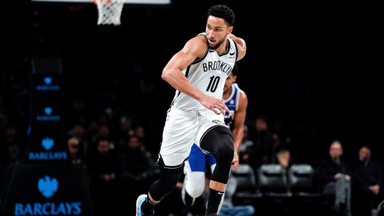 Brooklyn Nets guard Ben Simmons follows the ball during the first half of a preseason NBA basketball game against the Philadelphia 76ers, Monday, Oct. 3, 2022, in New York. (Julia Nikhinson/AP)