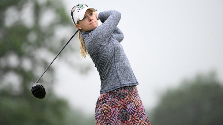 Jodi Ewart Shadoff, of England, tees off on the fourth hole during the first round in the Women's PGA Championship golf tournament at Congressional Country Club, Thursday, June 23, 2022, in Bethesda, Md. (Nick Wass/AP)
