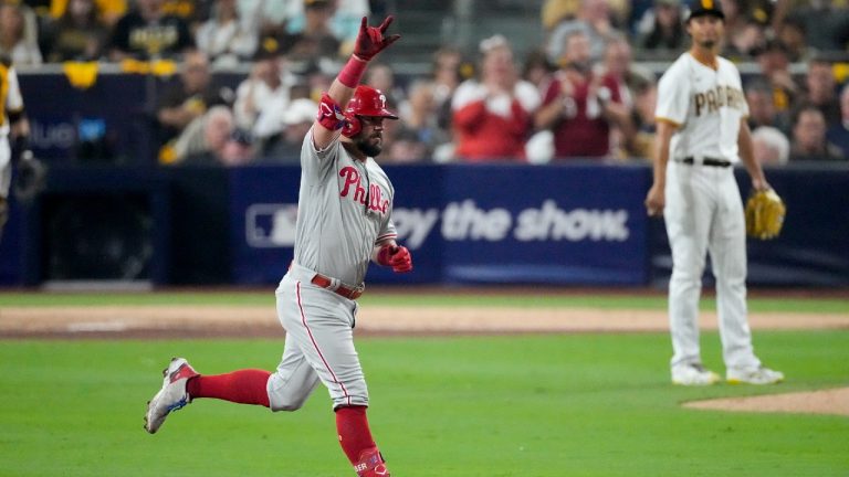 Philadelphia Phillies' Kyle Schwarber celebrates his home run after San Diego Padres starting pitcher Yu Darvish during the sixth inning in Game 1 of the baseball NL Championship Series between the San Diego Padres and the Philadelphia Phillies on Tuesday, Oct. 18, 2022, in San Diego. (Ashley Landis/AP)