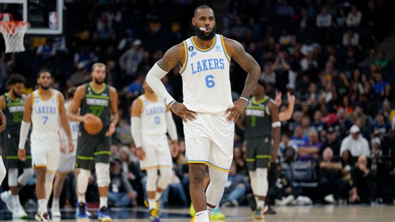 Los Angeles Lakers forward LeBron James (6) reacts during the final minute of play in the second half during the 111-102 loss to the Minnesota Timberwolves of an NBA basketball game. (Abbie Parr/AP)