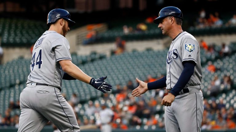 Former Tampa Bay Rays third base coach Matt Quatraro, right, has been named the 18th manager in Kansas City Royals history. (Patrick Semansky/AP)