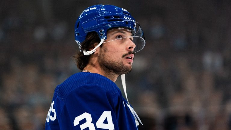 Toronto Maple Leafs centre Auston Matthews (34) during pregame warmups before NHL hockey action in Toronto, Monday, Oct. 17, 2022. (Alex Lupul/CP)