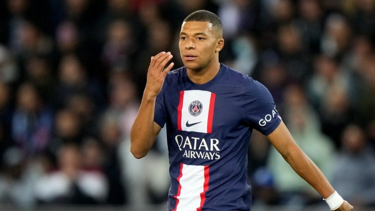 PSG's Kylian Mbappe reacts during the Champions League Group H soccer match between Paris Saint Germain and Benfica, at the Parc des Princes stadium, in Paris, France, Tuesday, Oct. 11, 2022. (Francois Mori/AP Photo)