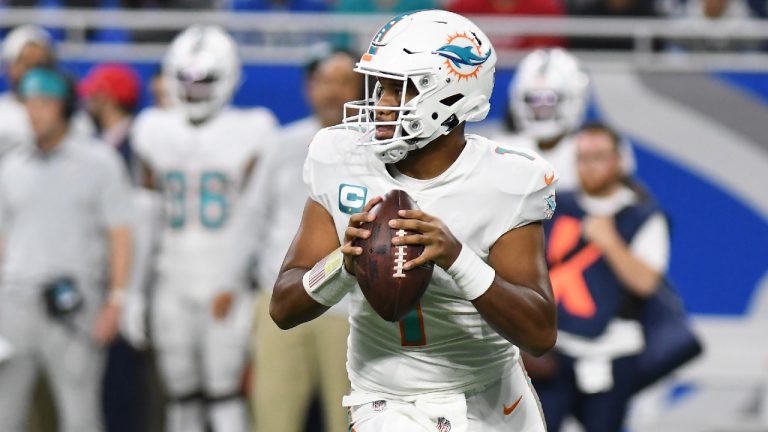 Miami Dolphins quarterback Tua Tagovailoa looks downfield during the first half of an NFL football game against the Detroit Lions, Sunday, Oct. 30, 2022, in Detroit. (Lon Horwedel/AP)