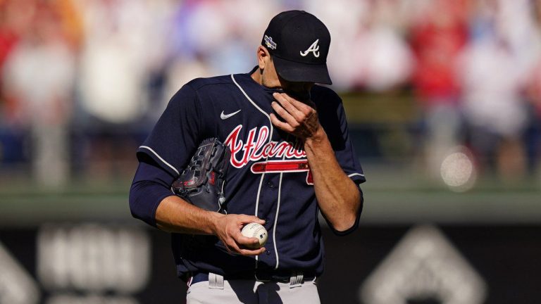 Atlanta Braves starting pitcher Charlie Morton (50) wipes his face during the second inning in Game 4 of baseball's National League Division Series between the Philadelphia Phillies and the Atlanta Braves, Saturday, Oct. 15, 2022, in Philadelphia. (Matt Slocum/AP)