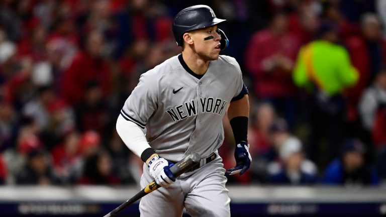 New York Yankees' Aaron Judge watches his home run against the Cleveland Indians during the third inning of Game 3 of a baseball AL Division Series, Saturday, Oct. 15, 2022, in Cleveland. (David Dermer/AP)