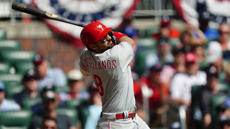 NLDS Phillies Braves Baseball
Philadelphia Phillies right fielder Nick Castellanos (8) drives in a run with a base hit during the first inning in Game 1 of a National League Division Series baseball game, Tuesday, Oct. 11, 2022, in Atlanta. (John Bazemore/AP)