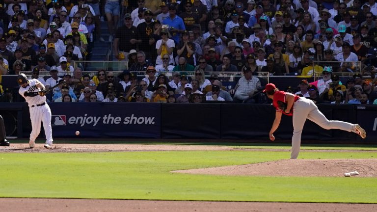 San Diego Padres' Austin Nola grounds out against his brother Philadelphia Phillies starting pitcher Aaron Nola during the second inning in Game 2 of the baseball NL Championship Series between the San Diego Padres and the Philadelphia Phillies on Wednesday, Oct. 19, 2022, in San Diego. (Ashley Landis/AP)