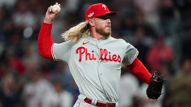 Philadelphia Phillies starting pitcher Noah Syndergaard (43) works during the eighth inning in Game 2 of baseball's National League Division Series between the Atlanta Braves and the Philadelphia Phillies, Wednesday, Oct. 12, 2022, in Atlanta. (John Bazemore/AP)