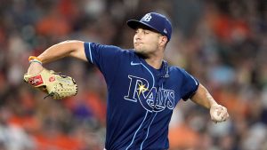 Tampa Bay Rays starting pitcher Shane McClanahan throws against the Houston Astros during the first inning of a baseball game Saturday, Oct. 1, 2022, in Houston. (David J. Phillip/AP)