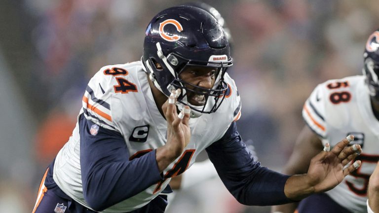 Chicago Bears defensive end Robert Quinn (94) rushes during the first half of an NFL football game against the New England Patriots, Monday, Oct. 24, 2022, in Foxborough, Mass. (Stew Milne/AP)