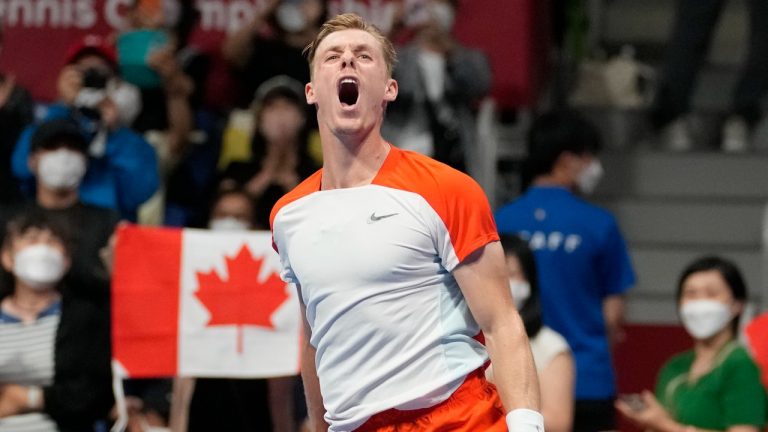 Denis Shapovalov of Canada celebrates his win over Steve Johnson of the U.S. during a singles match in the Rakuten Open tennis championships at Ariake Colosseum Wednesday, Oct. 5, 2022, in Tokyo. (Shuji Kajiyama/AP Photo)