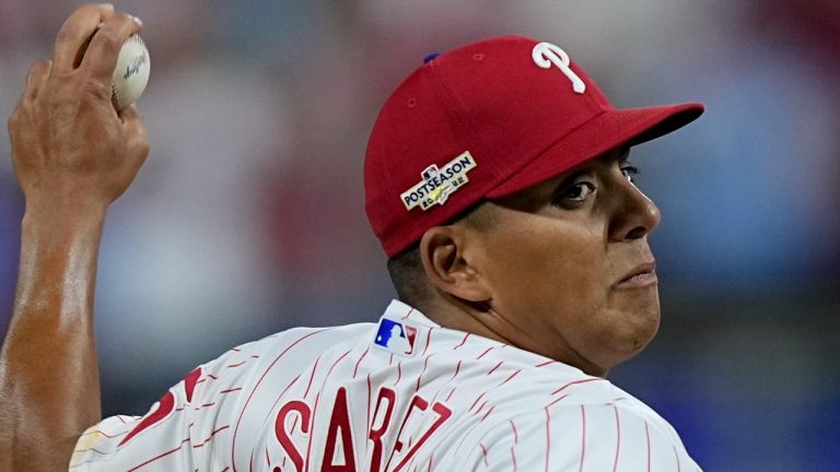 Philadelphia Phillies starting pitcher Ranger Suarez throws against the San Diego Padres during Game 3 of the baseball NL Championship Series (AP)