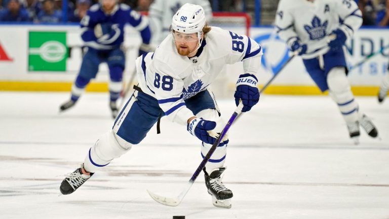 Toronto Maple Leafs right wing William Nylander (88) breaks out against the Tampa Bay Lightning during the first period in Game 6 of an NHL hockey first-round playoff series Thursday, May 12, 2022, in Tampa, Fla. (Chris O'Meara/AP)