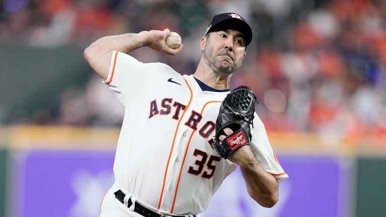 Houston Astros starting pitcher Justin Verlander (35) during the first inning in Game 1 of baseball's American League Championship Series between the Houston Astros and the New York Yankees, Wednesday, Oct. 19, 2022, in Houston. (Kevin M. Cox/AP Photo)