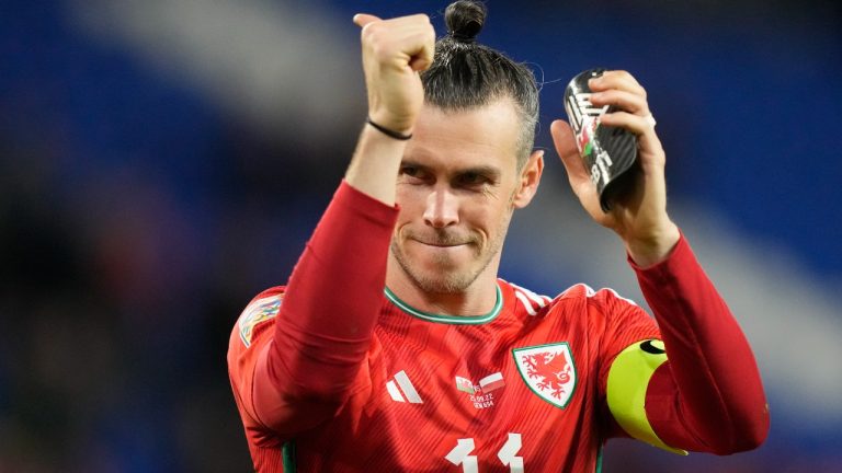 Wales' Gareth Bale reacts after the UEFA Nations League soccer match between Wales and Poland at the Cardiff City Stadium in Cardiff, Wales, Sunday, Sept. 25, 2022. (Frank Augstein/AP)