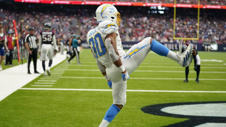 Los Angeles Chargers running back Austin Ekeler (30) celebrates his touchdown against the Houston Texans during the second half of an NFL football game Sunday, Oct. 2, 2022, in Houston. (Eric Christian Smith/AP)