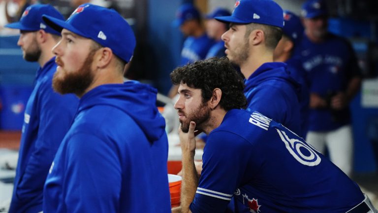 Toronto Blue Jays relief pitcher Jordan Romano (68) looks on during ninth inning American League wild card MLB postseason baseball action against the Seattle Mariners in Toronto on Saturday, October 8, 2022. (Nathan Denette/CP)