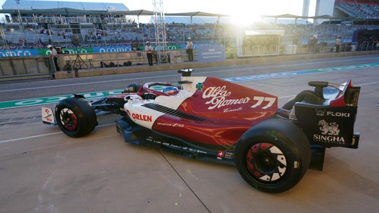 Alfa Romeo driver Valtteri Bottas, of Finland, leaves the garage during the second practice session for the Formula One U.S. Grand Prix auto race at Circuit of the Americas, Friday, Oct. 21, 2022, in Austin, Texas. (Darron Cummings/AP)