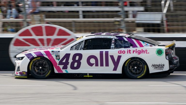 Alex Bowman (48) drives during the NASCAR Cup Series auto race at Texas Motor Speedway in Fort Worth, Texas, Sunday, Sept. 25, 2022. (Larry Papke/AP)