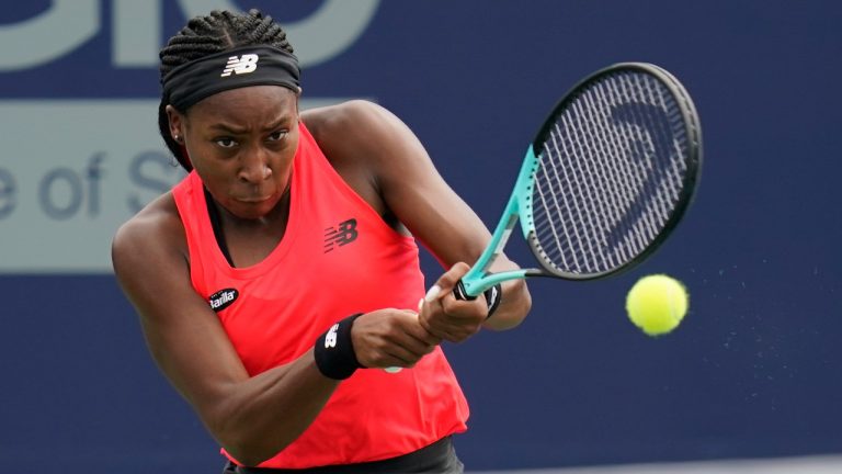 Coco Gauff returns to Robin Montgomery at the San Diego Open tennis tournament Wednesday, Oct. 12, 2022, in San Diego. (Gregory Bull/AP)