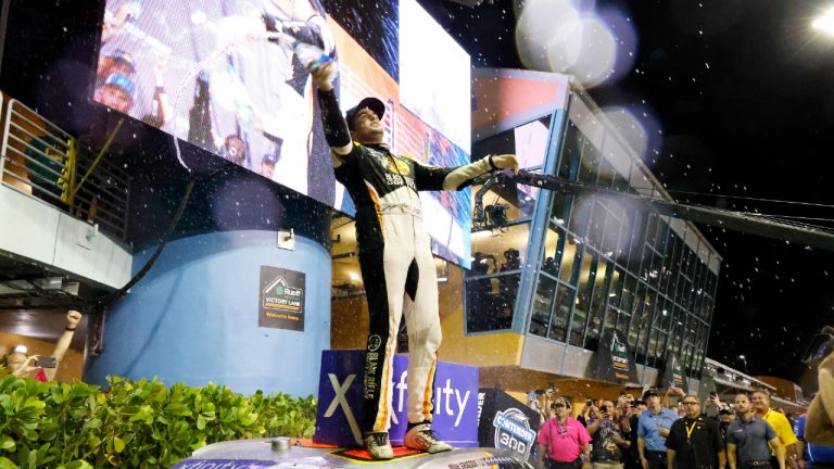 Noah Gragson celebrates in victory lane after winning the NASCAR Xfinity Series auto race at Homestead-Miami Speedway, Saturday, Oct. 22, 2022, in Homestead, Fla. (Terry Renna/AP)