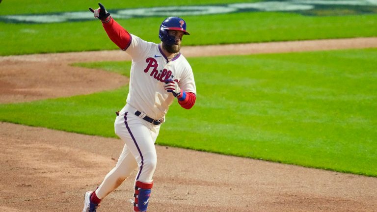 Philadelphia Phillies' Bryce Harper rounds the bases after a two-run home run during the eighth inning in Game 5 of the baseball NL Championship Series. (Matt Rourke/AP)