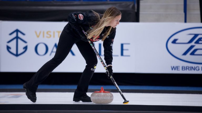 Rachel Homan sweeps a stone during the 2021 Masters in Oakville, Ont. (Anil Mungal)