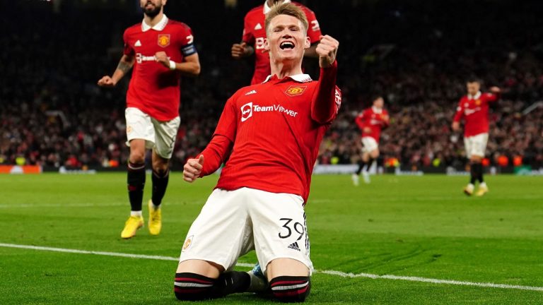 Manchester United's Scott McTominay celebrates scoring a goal during a group E Europa League soccer match between Manchester United and Omonia at Old Trafford stadium in Manchester, England, Thursday, Oct. 13, 2022. (Martin Rickett/PA via AP)
