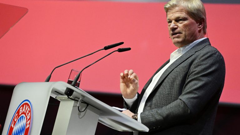 Oliver Kahn, chairman of the board of FC Bayern, speaks at the annual general meeting in Munich, Germany, on Saturday, Oct. 15, 2022. Kahn says the soccer club won't make a decision on whether to extend its controversial sponsorship agreement with Qatar Airways until next year. (Angelika Warmuth/dpa via AP)