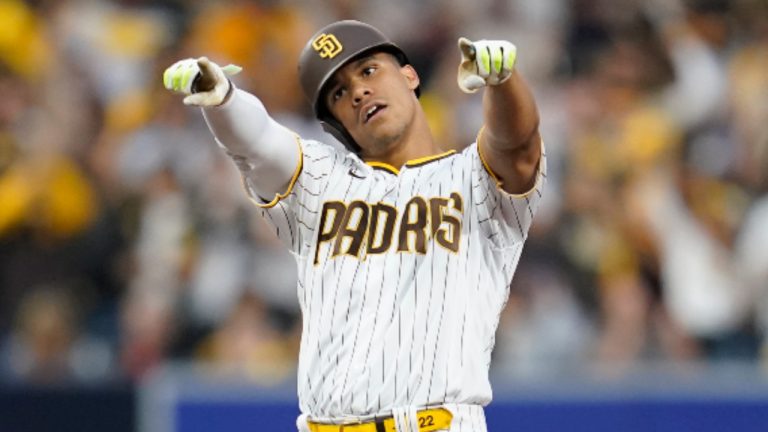 San Diego Padres' Juan Soto reacts after hitting a double during the first inning in Game 3 of a baseball NL Division Series against the Los Angeles Dodgers, Friday, Oct. 14, 2022, in San Diego. (Ashley Landis/AP)
