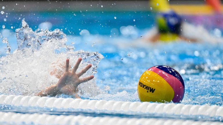 Water polo action at the FINA World Championships in Sopron, Hungary, Monday, June 20, 2022. (Tamas Vasvari/MTI via AP)